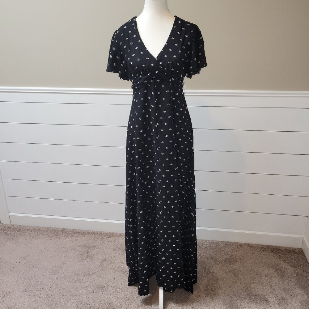 Retro Vintage 1970's Maxi Black Pattered Dress-Size 11equivilant to a 6 today
